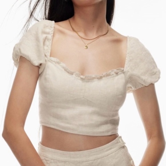Wilfred Tops - Wilfred Wander Organic Linen Puff Sleeve Bustier Blouse - White, Size M